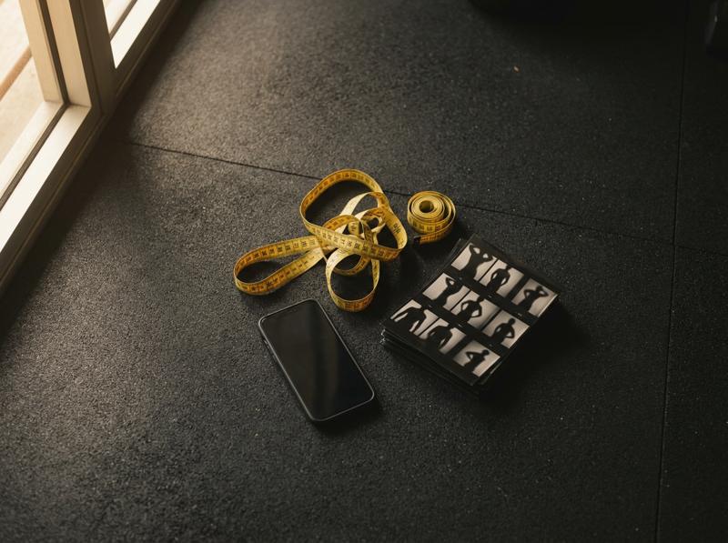 A yellow tailor’s tape measure coiled on a gym floor beside a phone and a contact sheet of progress-photo silhouettes
